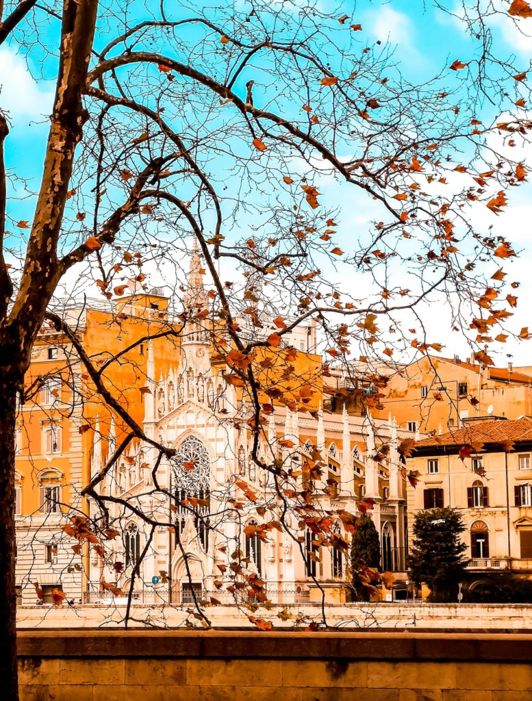 Chiesa del Sacro CUore del Suggraggio nel lungotevere avvolta dai rami e dalle foglie