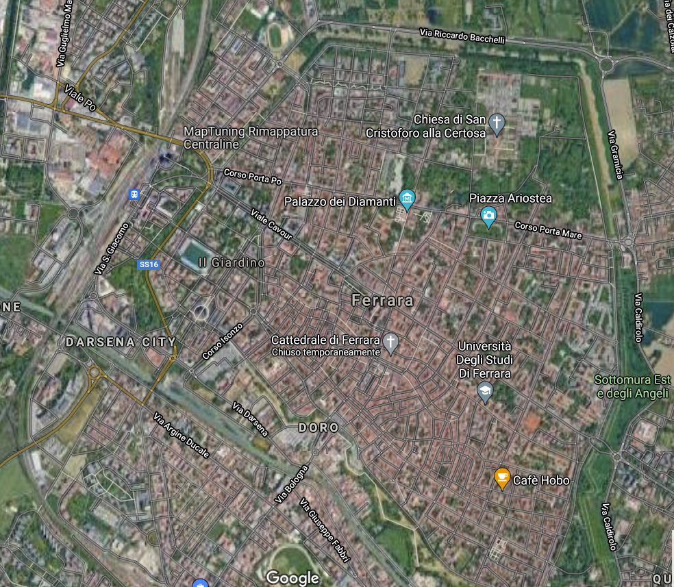 il percorso delle mura di ferrara viste da google maps